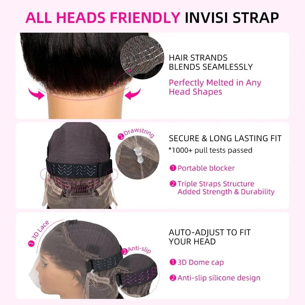 Invisi Strap 360 Glueless Full Lace Front Wigs Human Hair HD Straight 13x4 Lace Frontal Wig Pre Plucked Drawstring Wig for Women