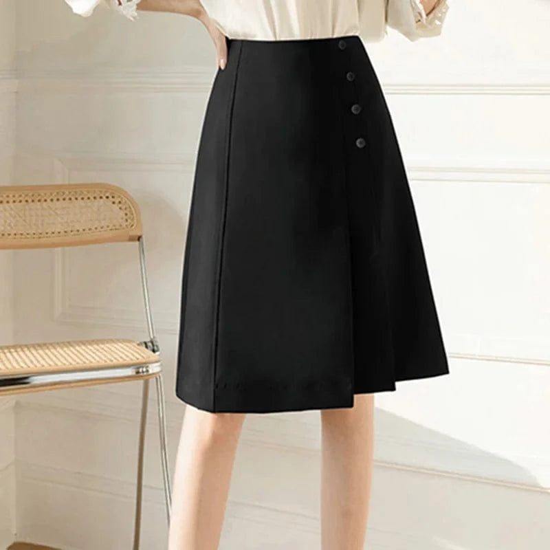Irregular Knee-length A-line Skirts for Women Solid Color Black Blue High Waist Slim Suit Skirt Office Ladies Korean Fashion