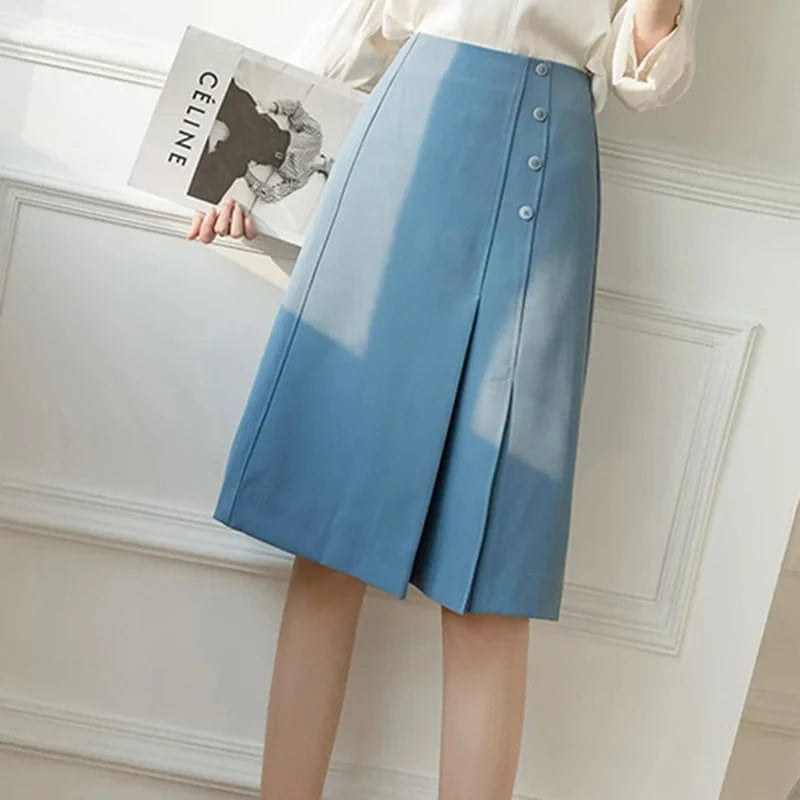 Irregular Knee-length A-line Skirts for Women Solid Color Black Blue High Waist Slim Suit Skirt Office Ladies Korean Fashion