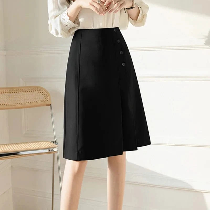 Irregular Knee-length A-line Skirts for Women Solid Color Black Blue High Waist Slim Suit Skirt Office Ladies Korean Fashion