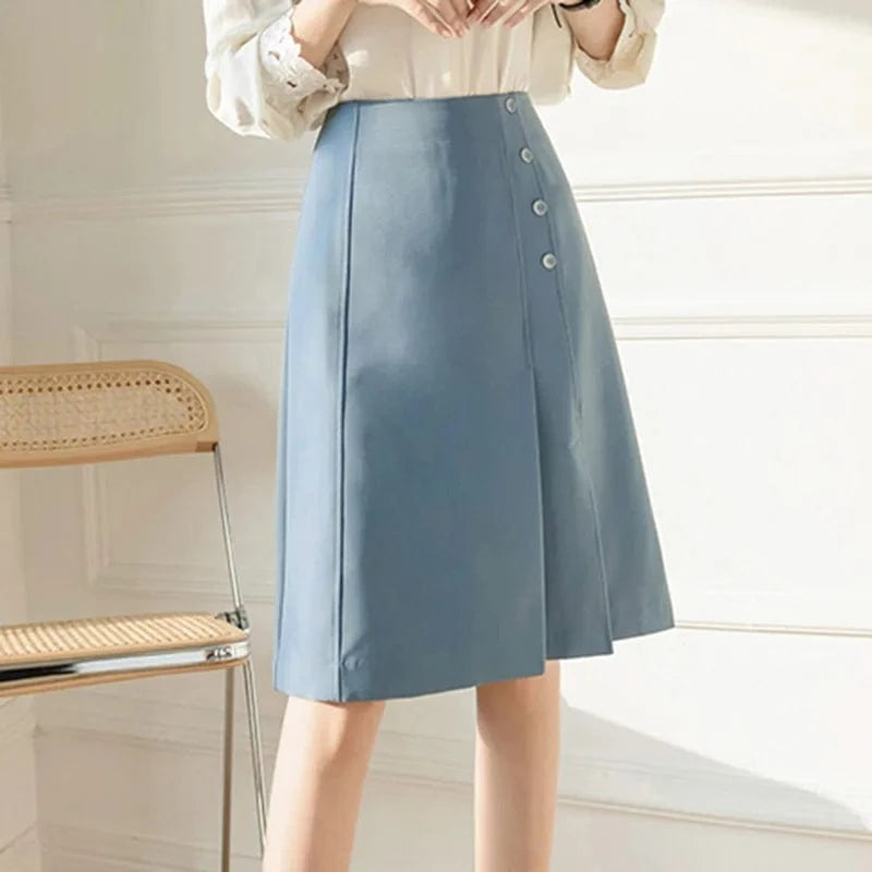 Irregular Knee-length A-line Skirts for Women Solid Color Black Blue High Waist Slim Suit Skirt Office Ladies Korean Fashion
