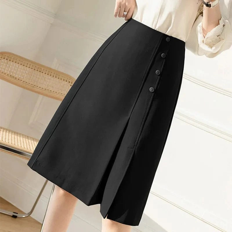 Irregular Knee-length A-line Skirts for Women Solid Color Black Blue High Waist Slim Suit Skirt Office Ladies Korean Fashion