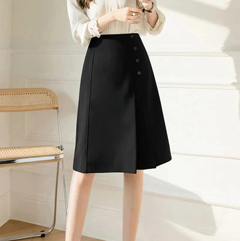 Irregular Knee-length A-line Skirts for Women Solid Color Black Blue High Waist Slim Suit Skirt Office Ladies Korean Fashion