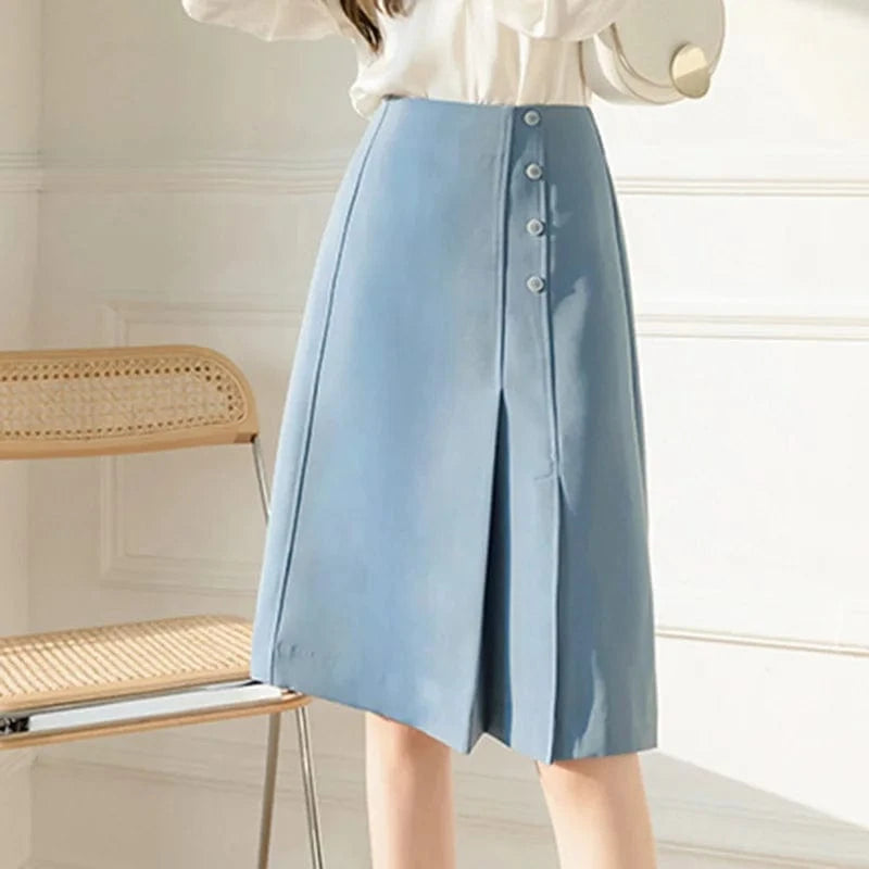 Irregular Knee-length A-line Skirts for Women Solid Color Black Blue High Waist Slim Suit Skirt Office Ladies Korean Fashion