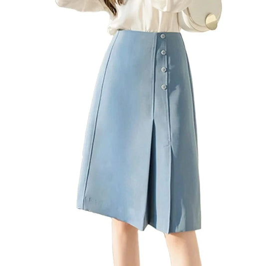 Irregular Knee-length A-line Skirts for Women Solid Color Black Blue High Waist Slim Suit Skirt Office Ladies Korean Fashion