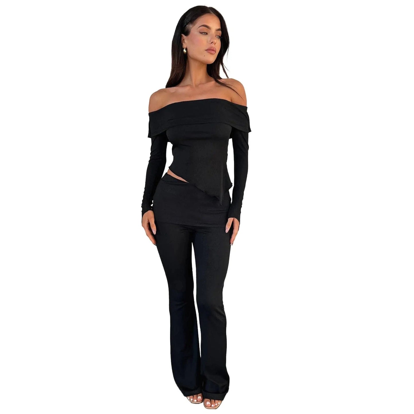 Irregular One Shoulder Flap Over Flared Pants Women 2 Piece Set Spring For 2024 Lounge wear women sets custom logo