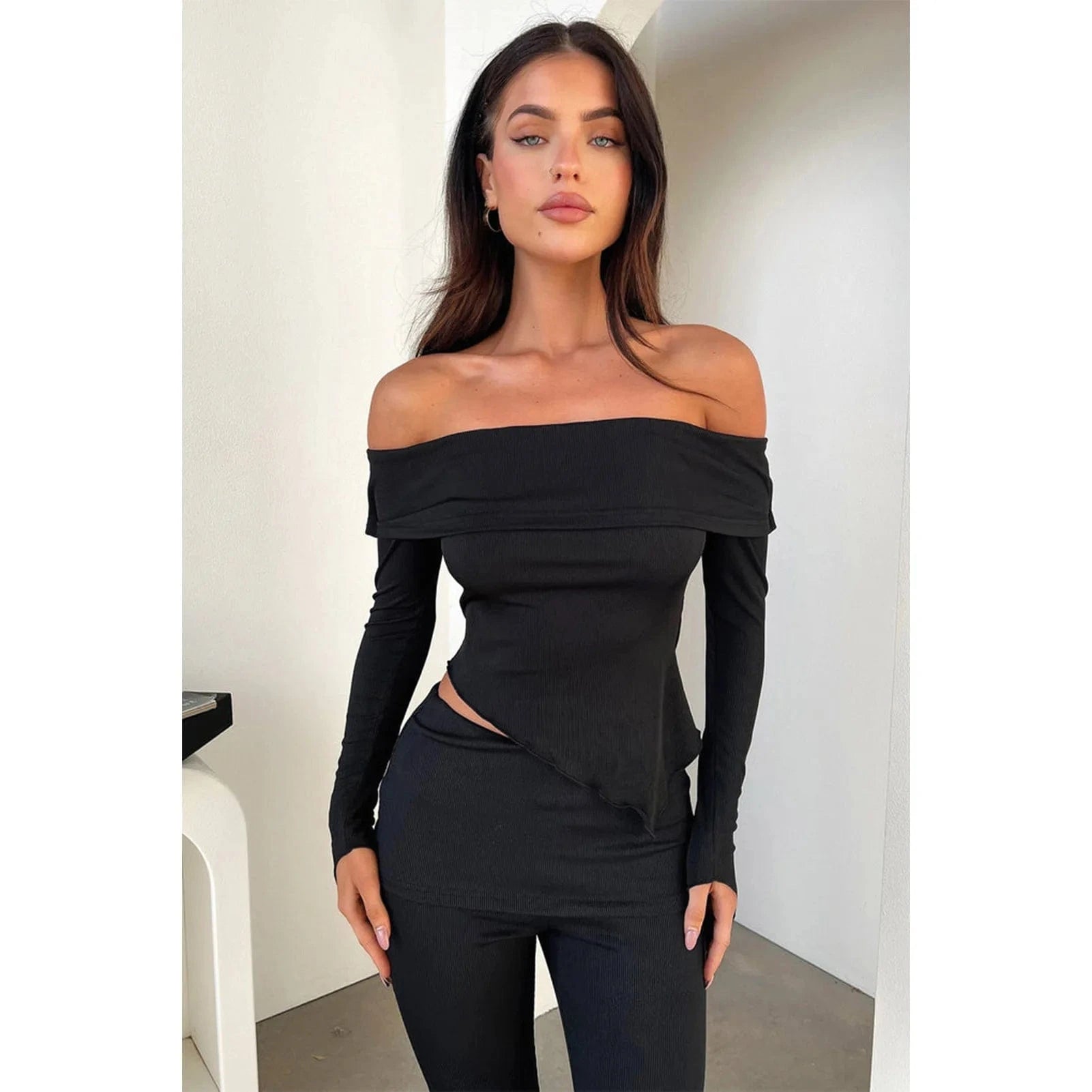 Irregular One Shoulder Flap Over Flared Pants Women 2 Piece Set Spring For 2024 Lounge wear women sets custom logo