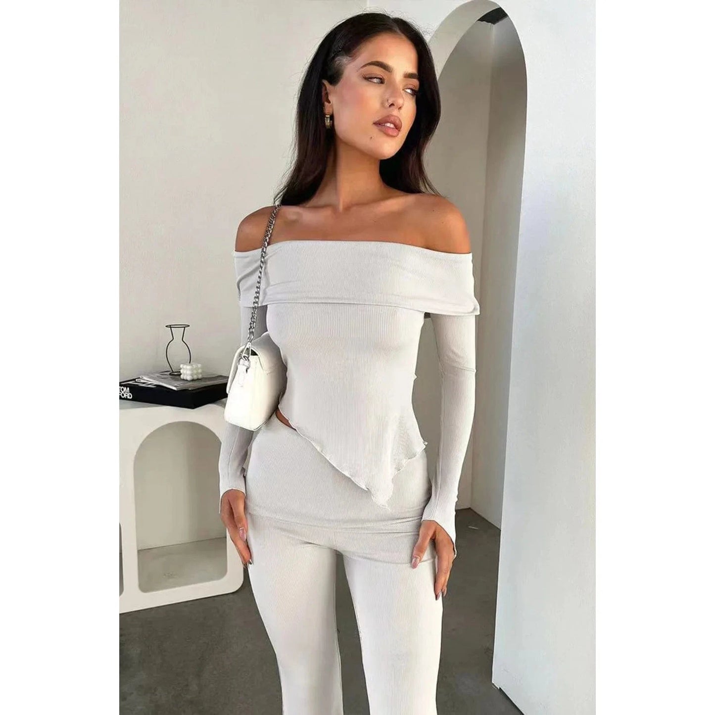 Irregular One Shoulder Flap Over Flared Pants Women 2 Piece Set Spring For 2024 Lounge wear women sets custom logo