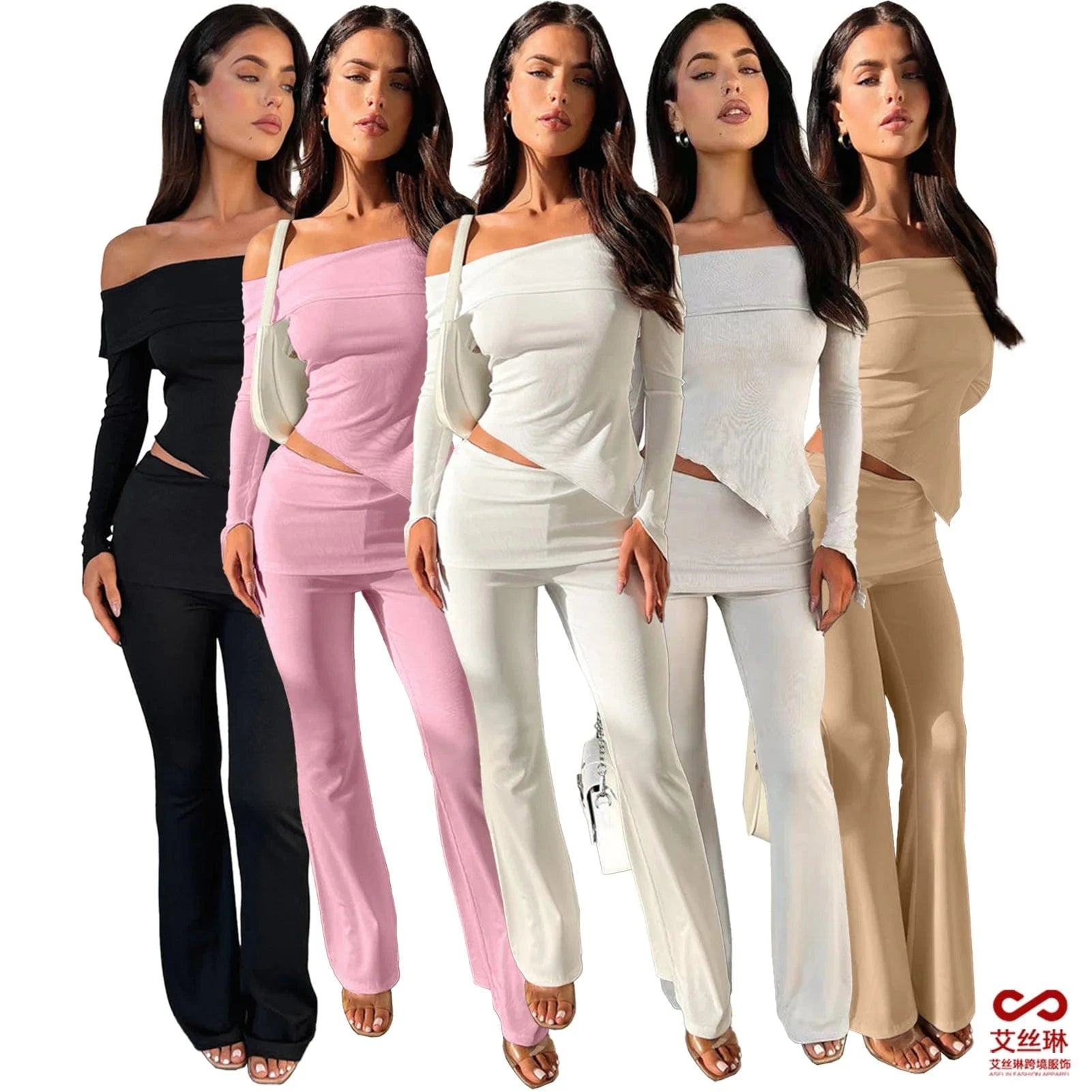 Irregular One Shoulder Flap Over Flared Pants Women 2 Piece Set Spring For 2024 Lounge wear women sets custom logo