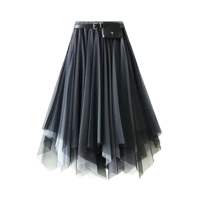 Irregular Tutu Skirts Women With Belt Princess Fairy Large Hem Dance Pleated Mesh Tulle Mid-Calf Skirt Vintage Korean Faldas