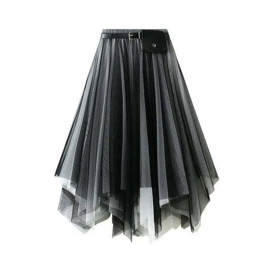 Irregular Tutu Skirts Women With Belt Princess Fairy Large Hem Dance Pleated Mesh Tulle Mid-Calf Skirt Vintage Korean Faldas