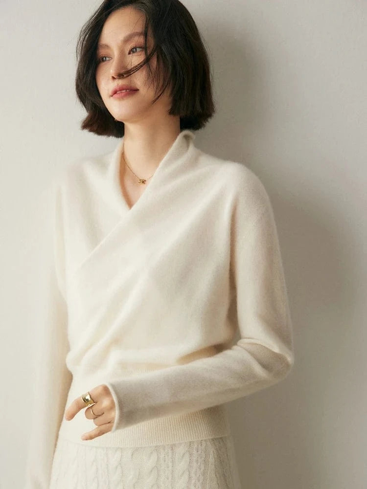 Ivory / L Women's 100% Cashmere Sweater Crossover Collar Pullover Office Lady Basic Grace Cashmere Knitwear Autumn Winter Tops