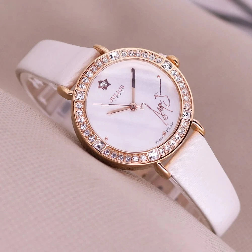 Ivory Rhinestones Julius Lady Women's Watch Fashion Hours Bracelet Real Leather Girl's Birthday Gift No Box