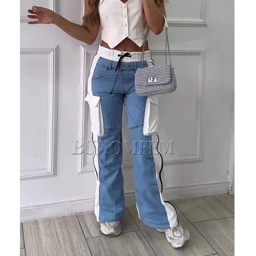Ivory / XL Fashion Multi-Pocket Jeans Retro Splicing Drawstring Strap Trousers Casual Streetwear Loose Trousers Women Trend New Bottoms