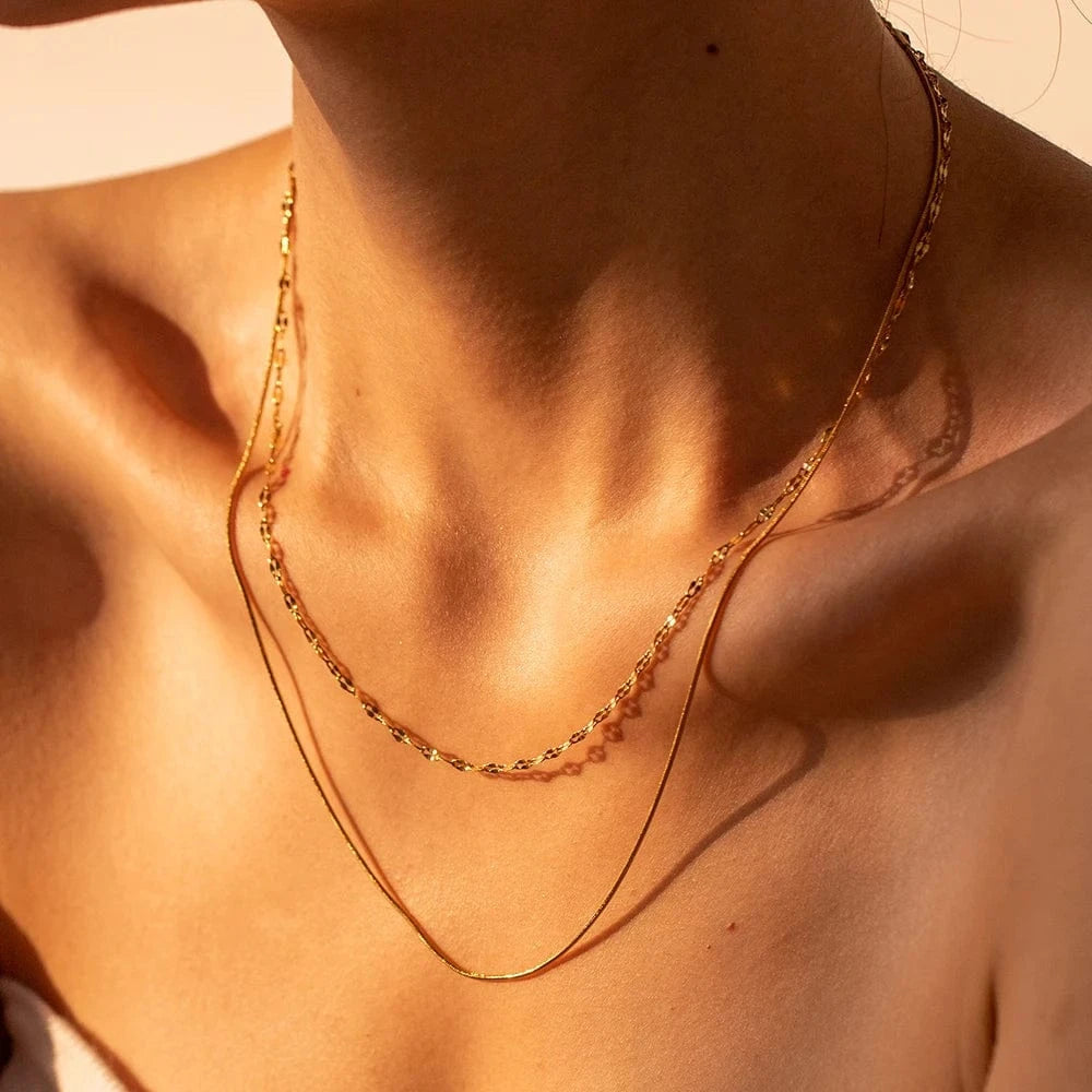 J&D Jewelry Stainless Steel Figaro Double Layer Necklace Snake Paperclip Chain Stacking Layer Chain Necklace