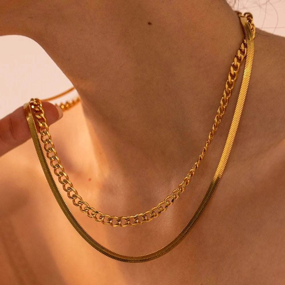J&D Jewelry Stainless Steel Figaro Double Layer Necklace Snake Paperclip Chain Stacking Layer Chain Necklace