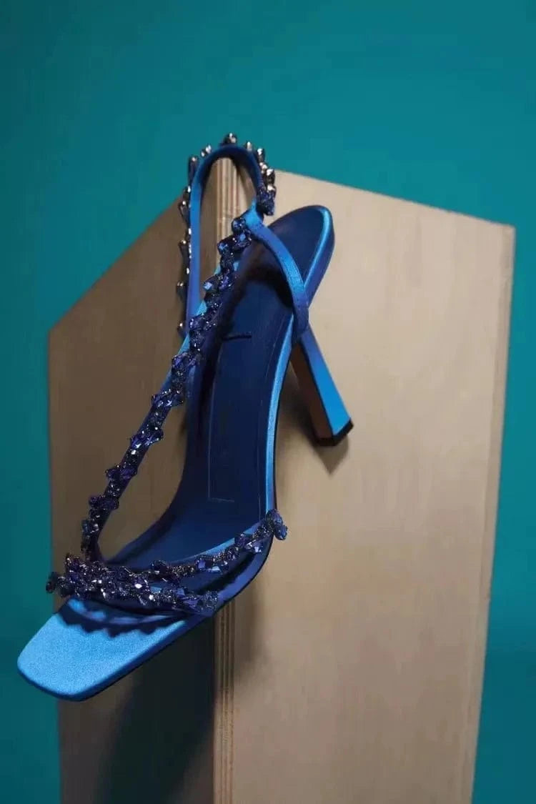 J&H 2022 design diamond straps high heeled sandals women summer trendy rhinestone stiletto chic square toe shoes