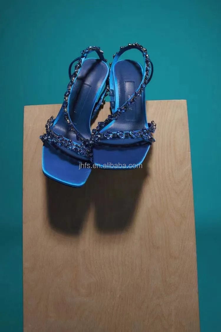 J&H 2022 design diamond straps high heeled sandals women summer trendy rhinestone stiletto chic square toe shoes