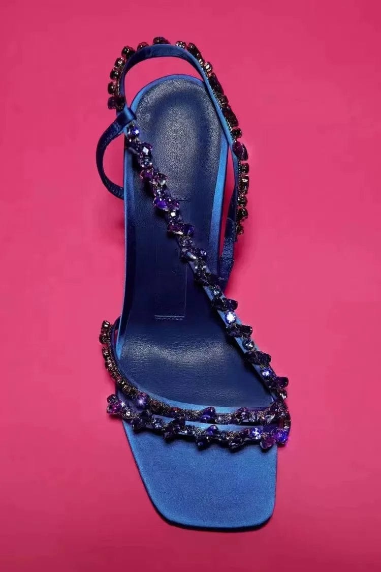 J&H 2022 design diamond straps high heeled sandals women summer trendy rhinestone stiletto chic square toe shoes