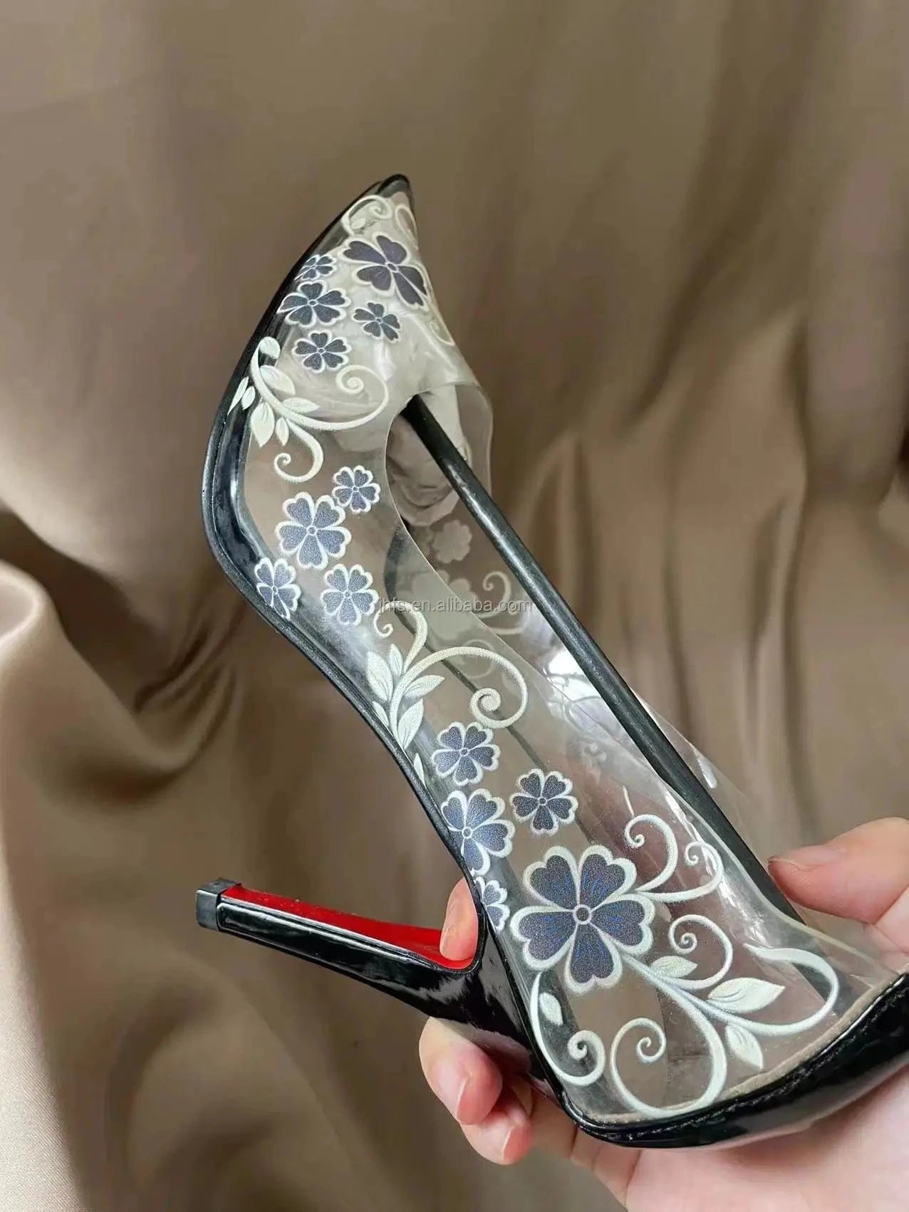 J&H 2022 hot sale clear heels with pointed toe women sexy floral print transparent heels stiletto shoes