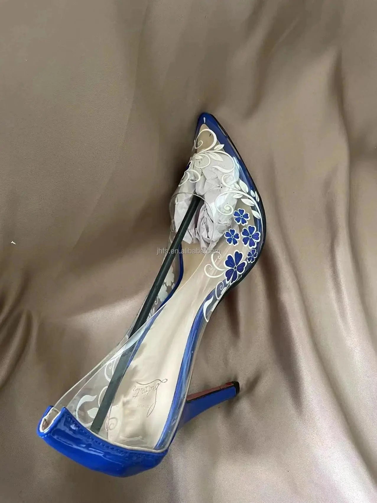 J&H 2022 hot sale clear heels with pointed toe women sexy floral print transparent heels stiletto shoes