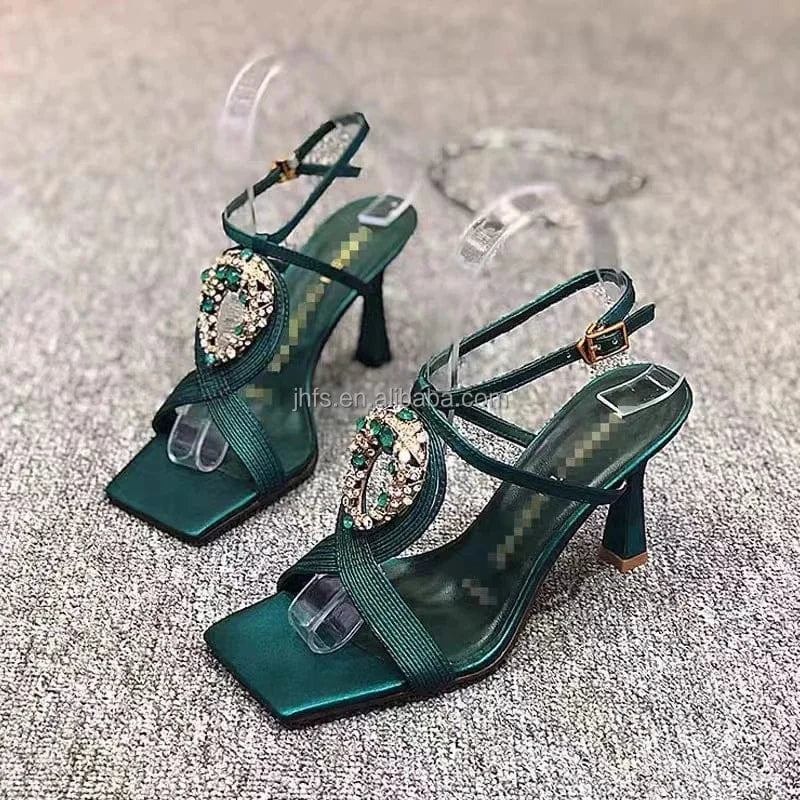 J&H 2022 new arrivals high quality high heel sandals for women and ladies chic rhinestone square toe stiletto heels