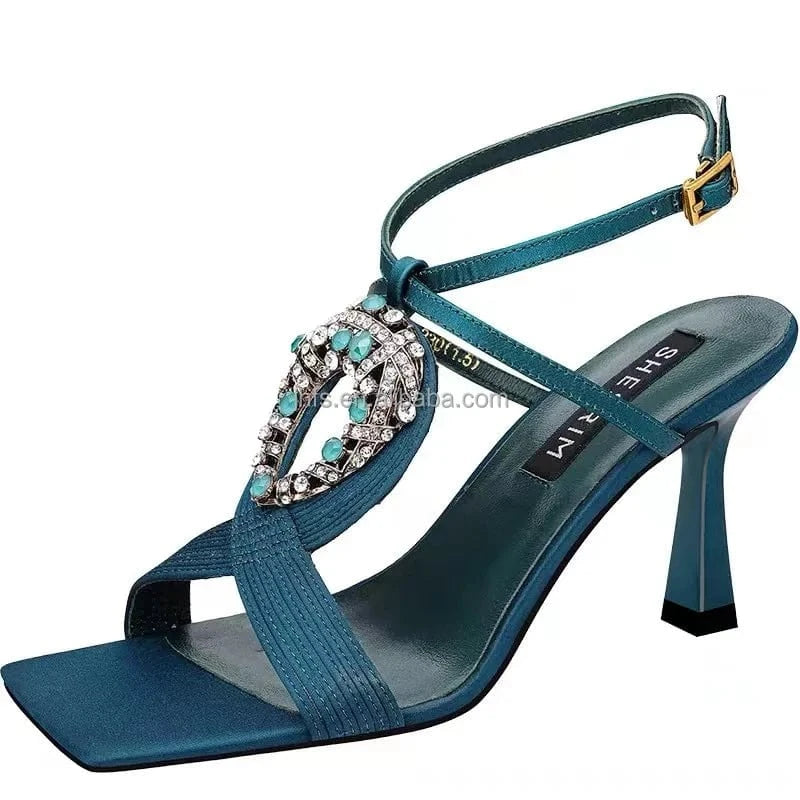 J&H 2022 new arrivals high quality high heel sandals for women and ladies chic rhinestone square toe stiletto heels