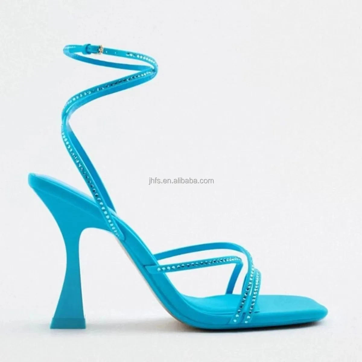 J&H 2022 new arrivals lace up square toe high heel sandals for women and ladies chic rhinestone strap sexy summer shoes