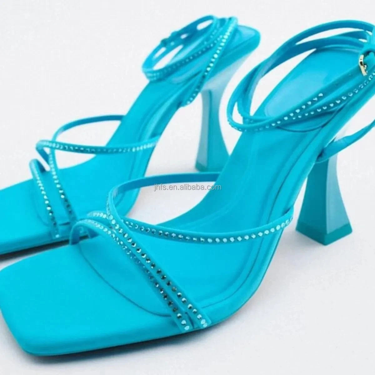 J&H 2022 new arrivals lace up square toe high heel sandals for women and ladies chic rhinestone strap sexy summer shoes