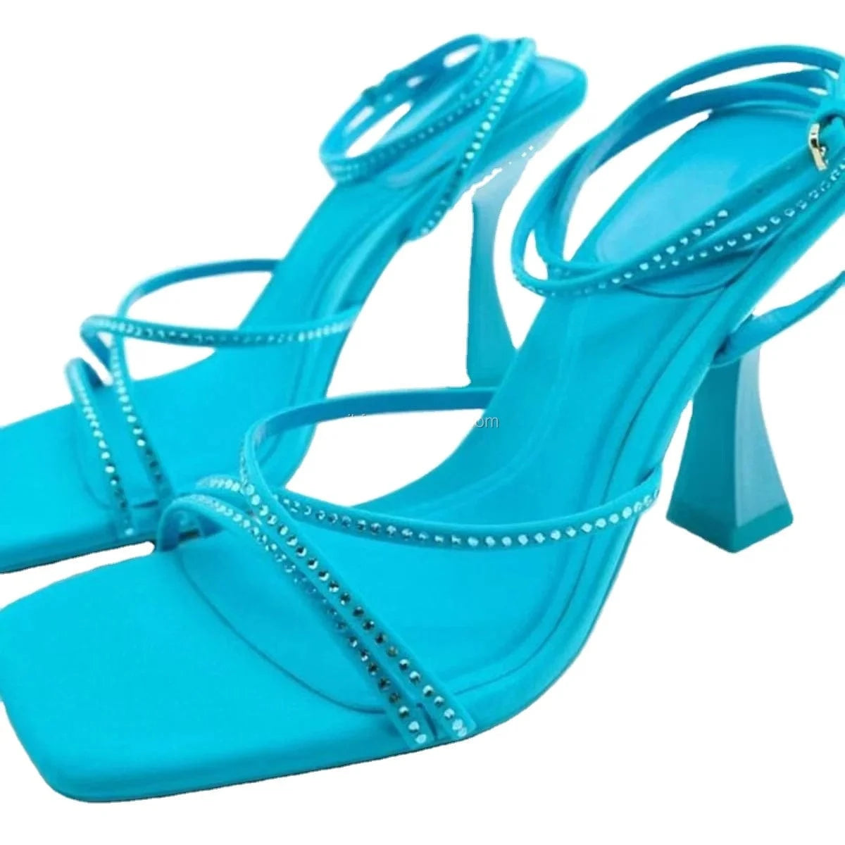 J&H 2022 new arrivals lace up square toe high heel sandals for women and ladies chic rhinestone strap sexy summer shoes