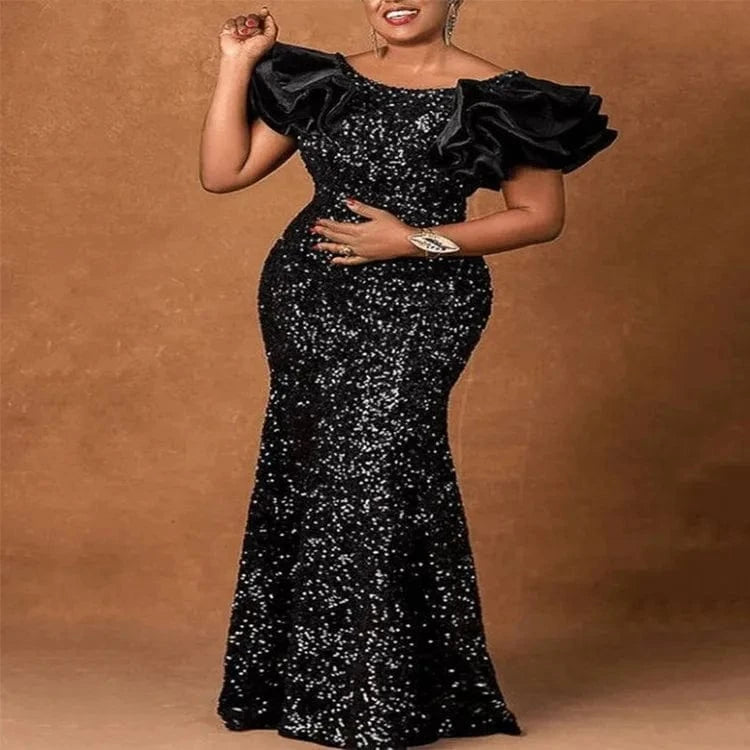 J&H 2022 new design high quality sequin evening dress with puff sleeves ladies elegance mermaid bodycon party gowns