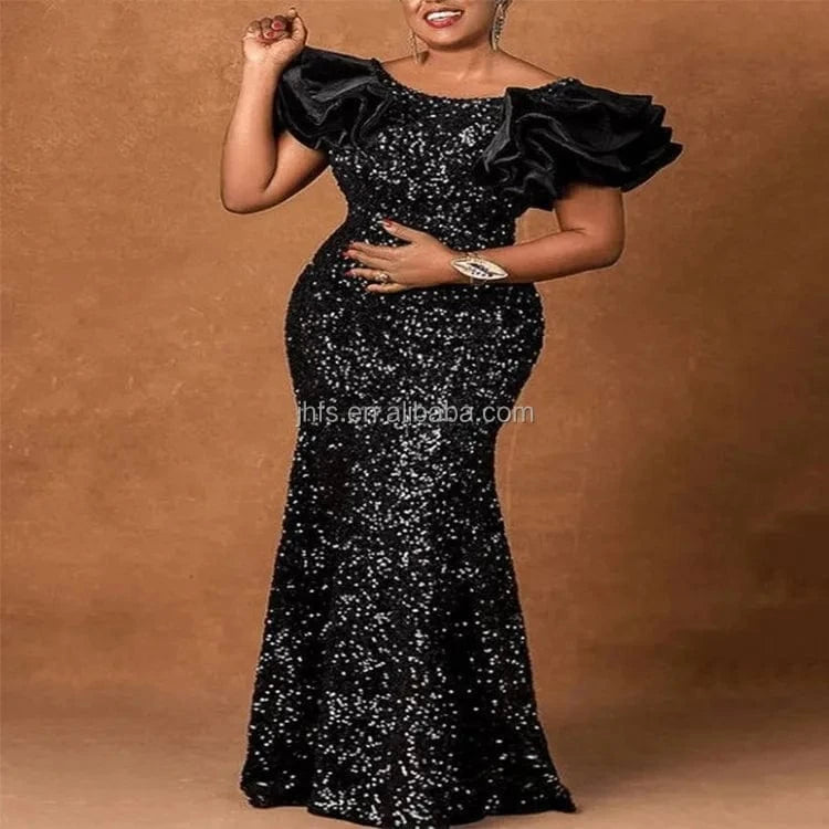 J&H 2022 new design high quality sequin evening dress with puff sleeves ladies elegance mermaid bodycon party gowns