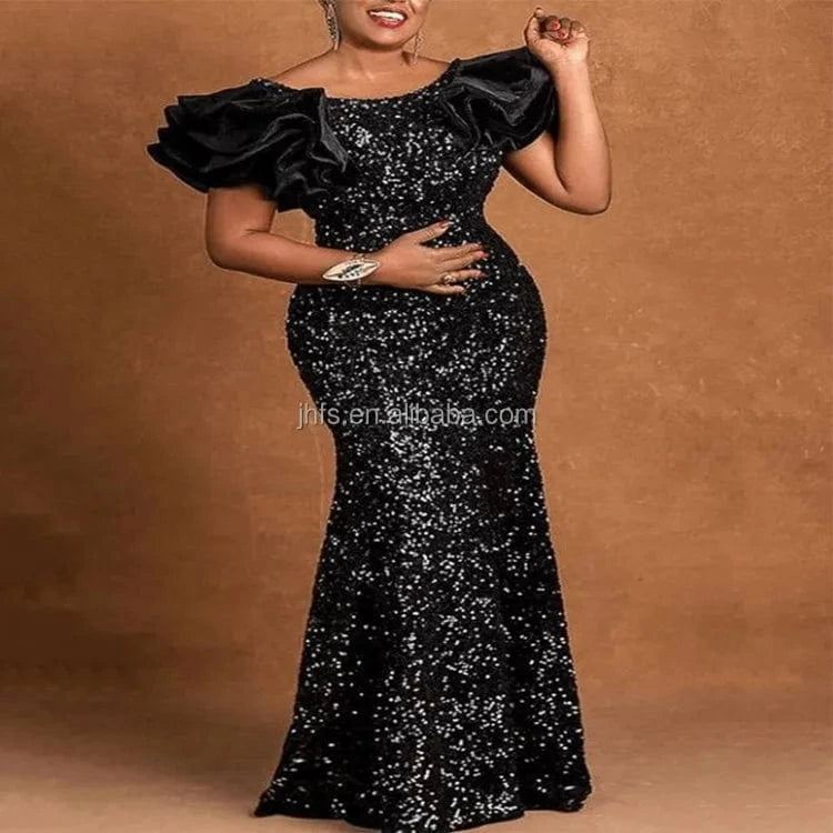 J&H 2022 new design high quality sequin evening dress with puff sleeves ladies elegance mermaid bodycon party gowns