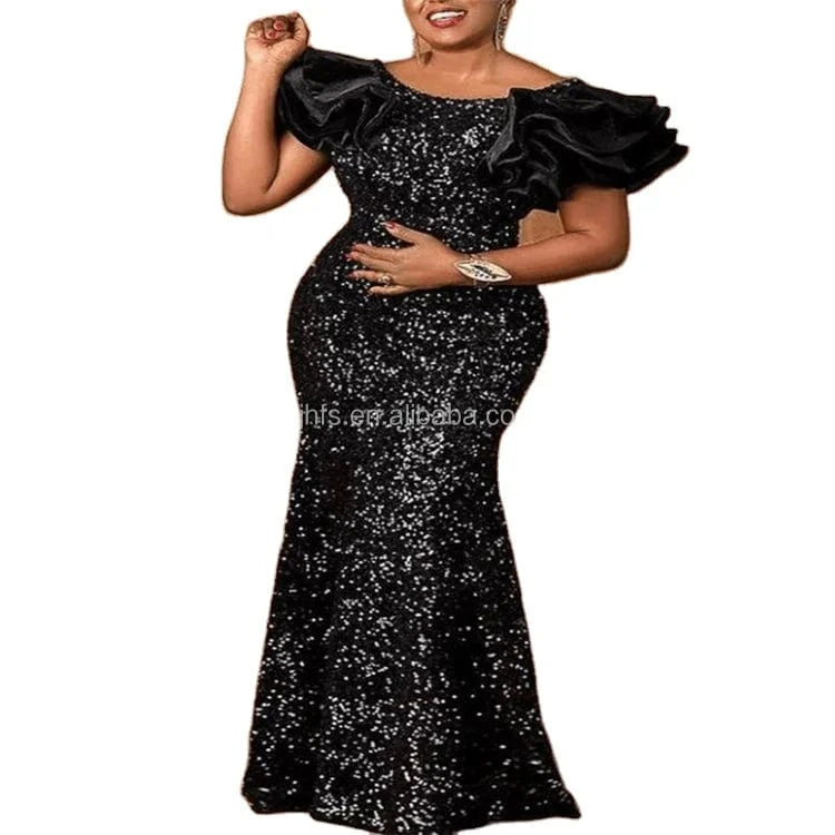 J&H 2022 new design high quality sequin evening dress with puff sleeves ladies elegance mermaid bodycon party gowns