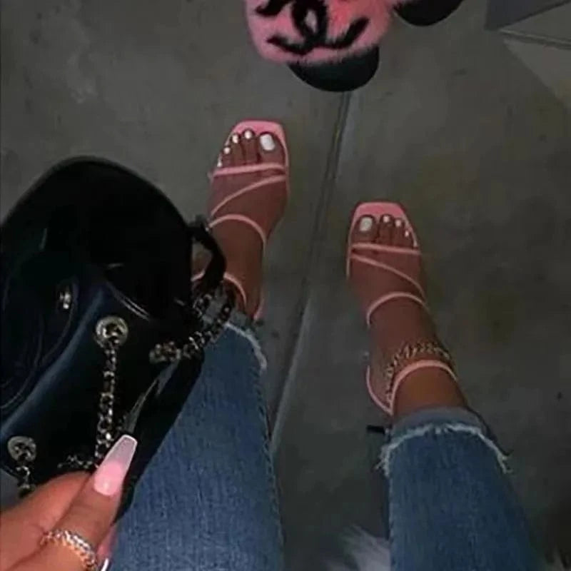 J&H 2023 new trendy sexy chunky heels women 's pumps square toe high heeled sandals summer footwear