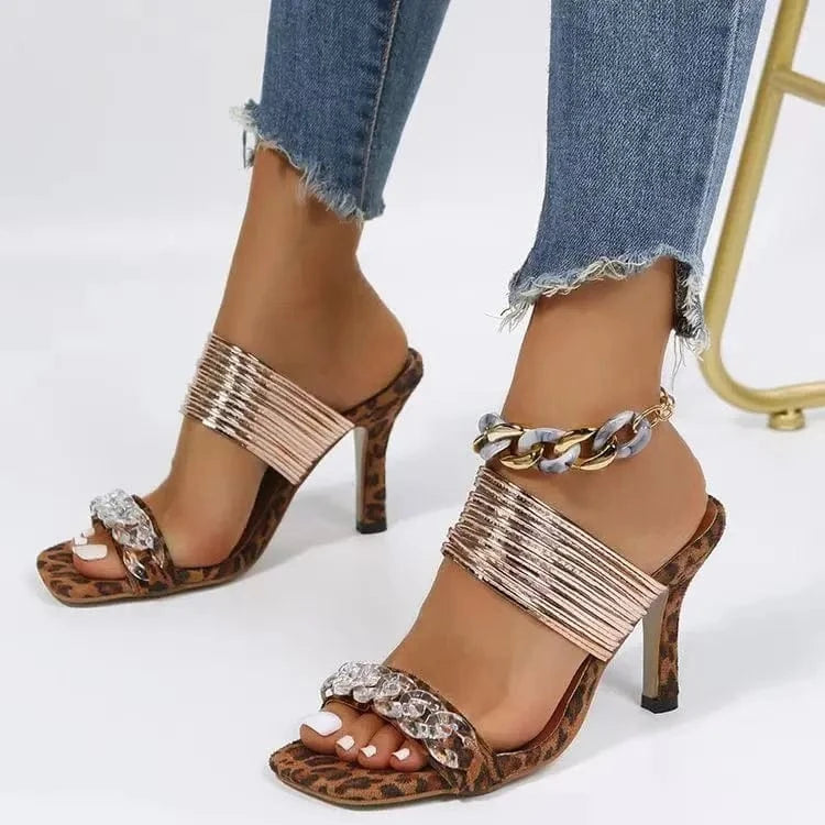 J&H 2023 trendy sexy cheetah slipper heels for women summer hot sale square toe high heels sandals chic party shoes