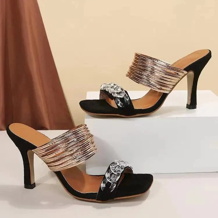J&H 2023 trendy sexy cheetah slipper heels for women summer hot sale square toe high heels sandals chic party shoes