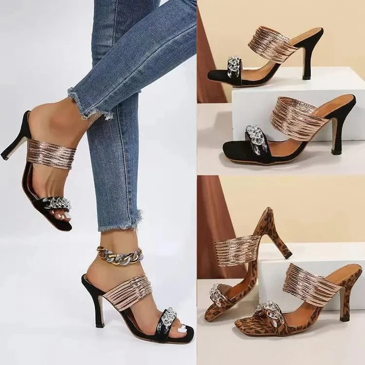 J&H 2023 trendy sexy cheetah slipper heels for women summer hot sale square toe high heels sandals chic party shoes
