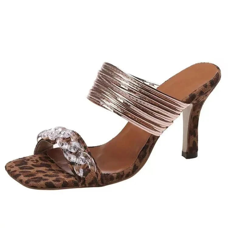 J&H 2023 trendy sexy cheetah slipper heels for women summer hot sale square toe high heels sandals chic party shoes