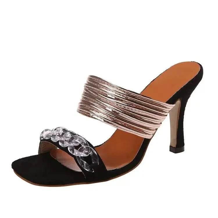 J&H 2023 trendy sexy cheetah slipper heels for women summer hot sale square toe high heels sandals chic party shoes