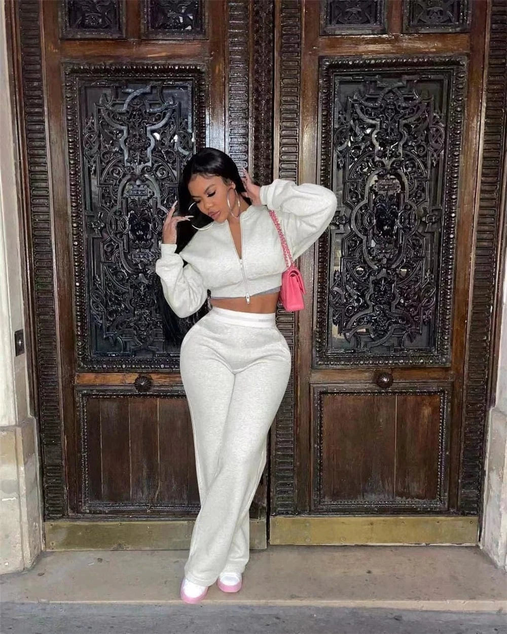 J&H 2024 elegance high waist wide leg pants set 2 pieces women zip up cropped jacket autumn fashion outfits