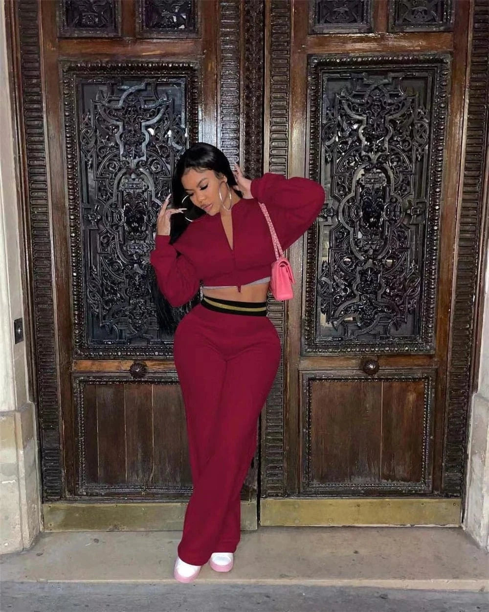 J&H 2024 elegance high waist wide leg pants set 2 pieces women zip up cropped jacket autumn fashion outfits