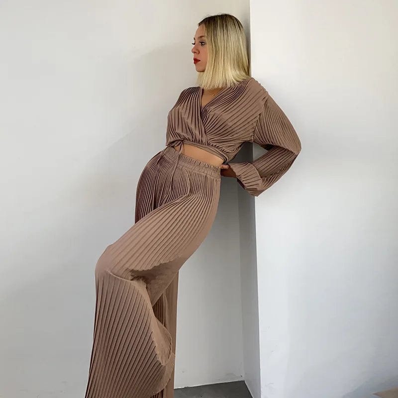 J&H 2024 Korean sets solid color long sleeve pleated crop top ruched wide leg pants set women sexy blouses 2 piece set women