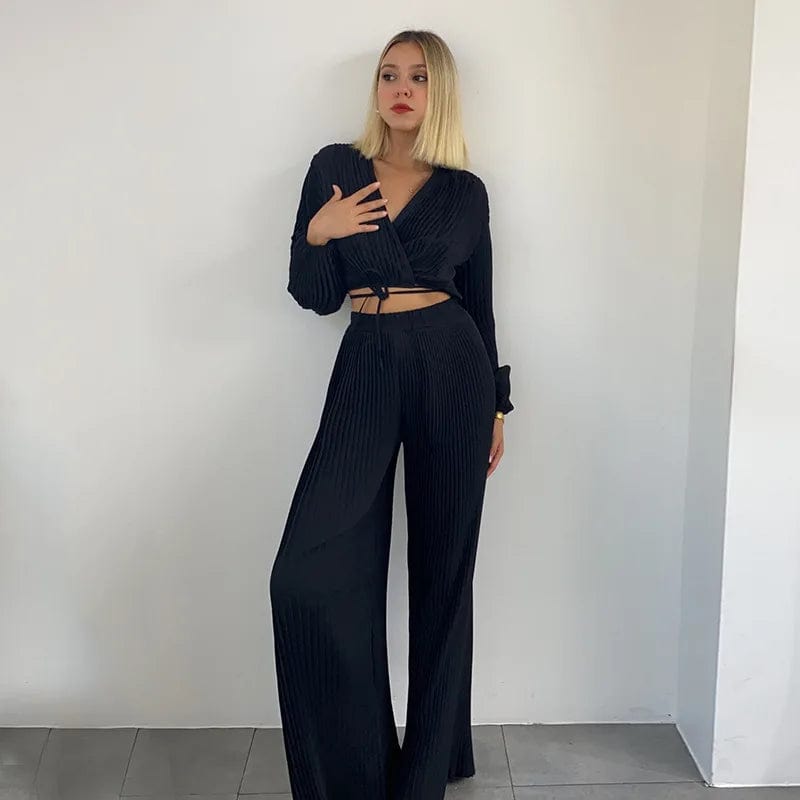 J&H 2024 Korean sets solid color long sleeve pleated crop top ruched wide leg pants set women sexy blouses 2 piece set women