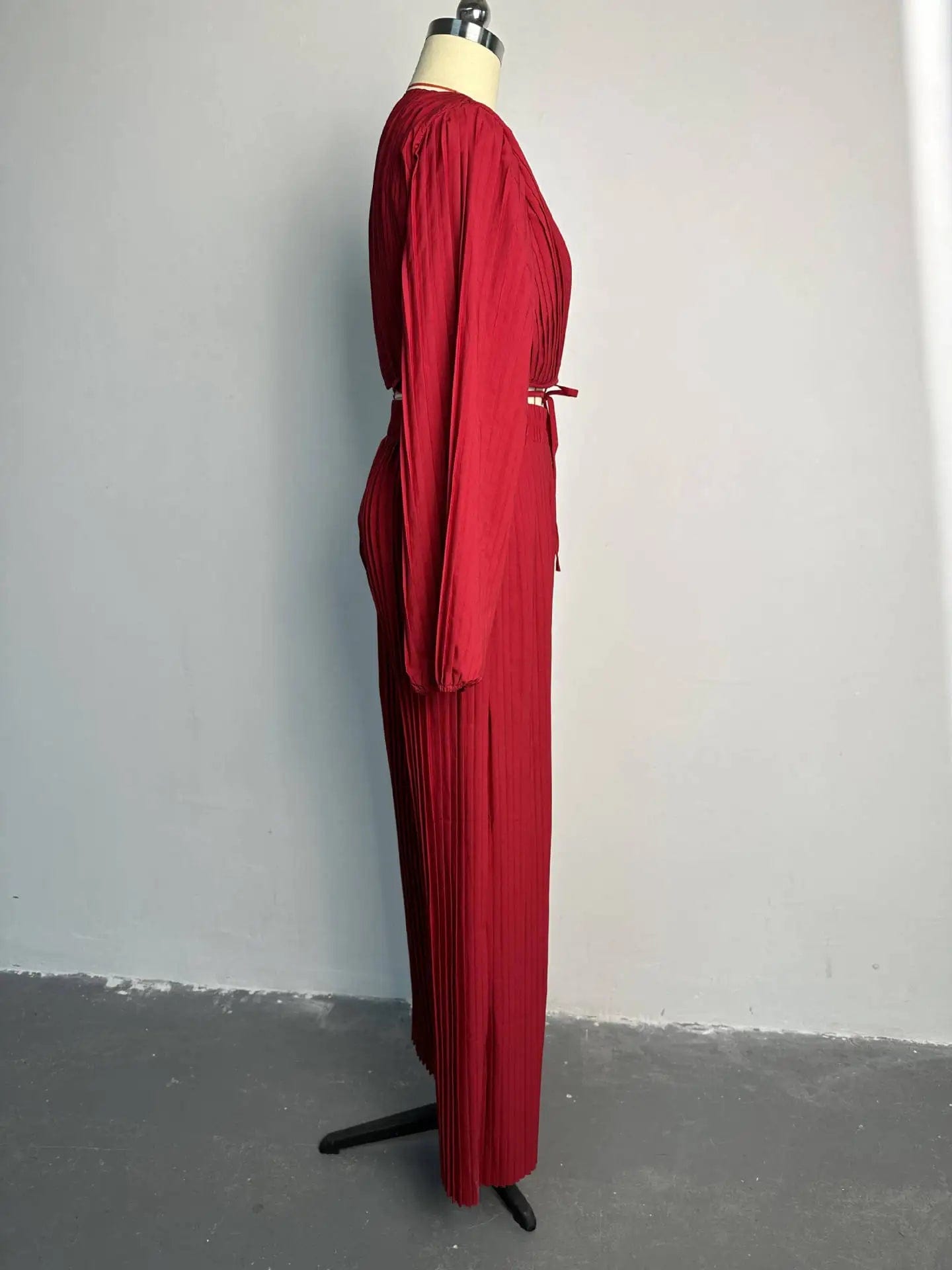 J&H 2024 Korean sets solid color long sleeve pleated crop top ruched wide leg pants set women sexy blouses 2 piece set women