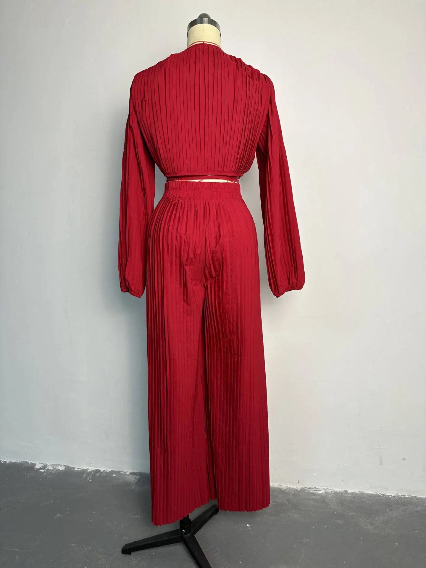 J&H 2024 Korean sets solid color long sleeve pleated crop top ruched wide leg pants set women sexy blouses 2 piece set women