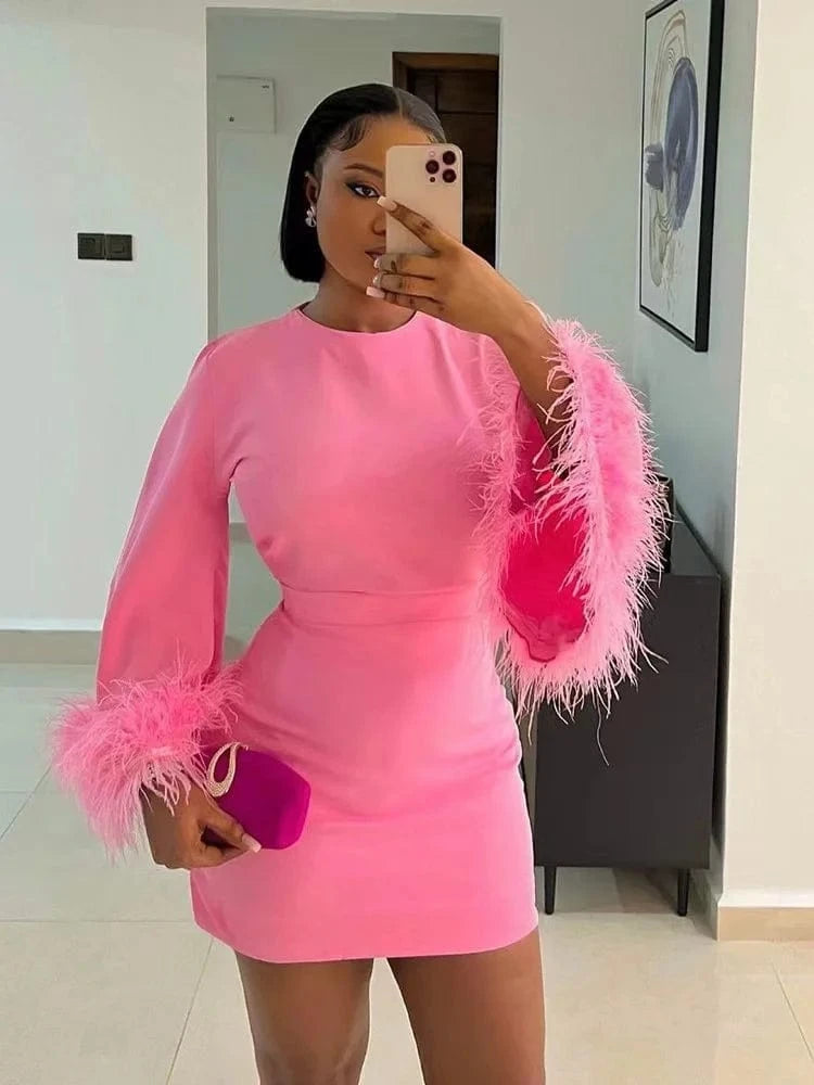 J&H 2024 New Arrivals Round Neck Feather Long Sleeve Chiffon Shirt Elegant Mid Length Skirt Two Piece Women Set