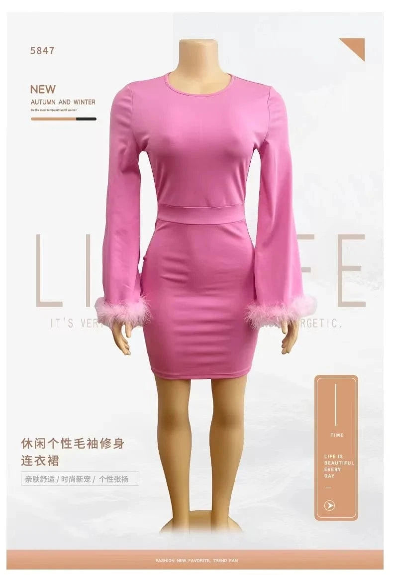 J&H 2024 New Arrivals Round Neck Feather Long Sleeve Chiffon Shirt Elegant Mid Length Skirt Two Piece Women Set