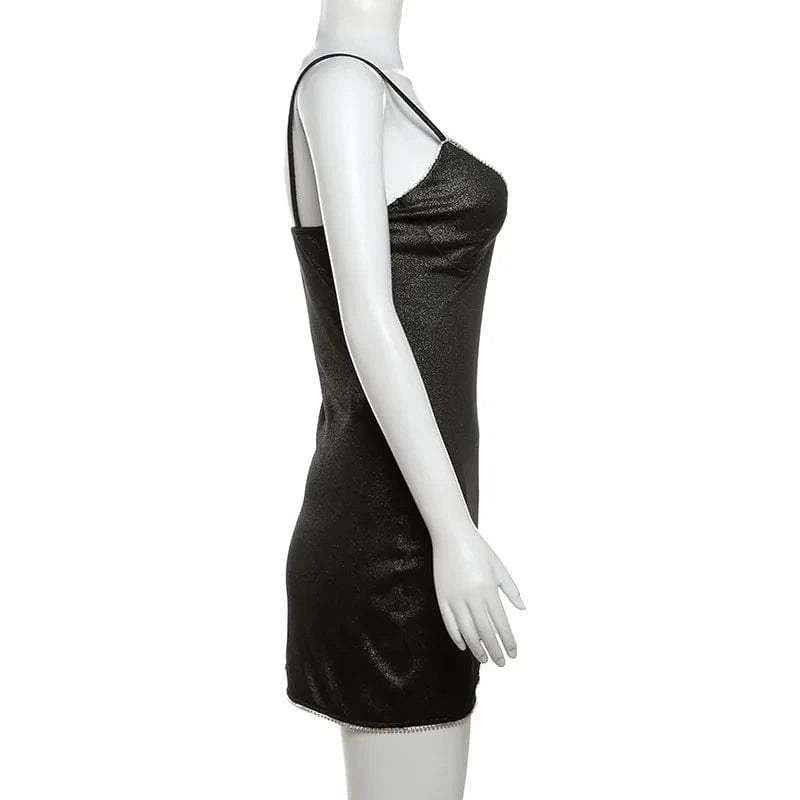 J&H 2024 New Summer Fashion Nail Diamond Sexy Sleeveless Suspender U Neck Low cut Backless Black Party Mini Dress