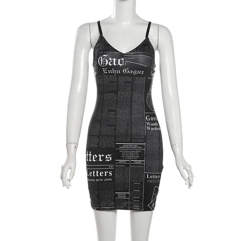 J&H 2024 New Summer Fashion Women's Letter Printed Sleeveless V-neck Sexy Street Low cut Slim Fit Sling Dress